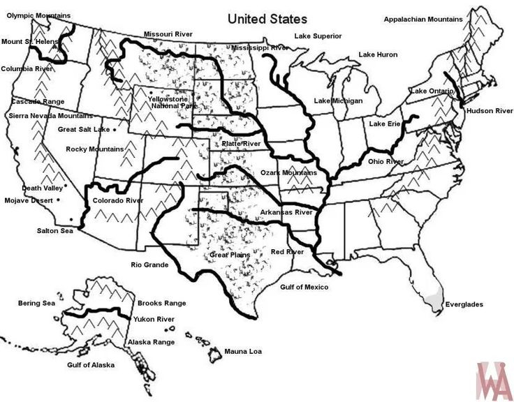 Blank Outline Map Of The USA With Major Rivers And Mountain