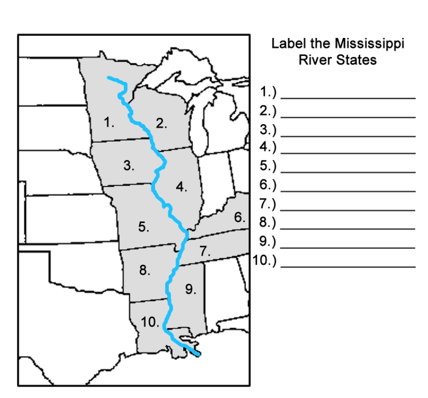 This Is A Printable Mississippi River States Label me map 