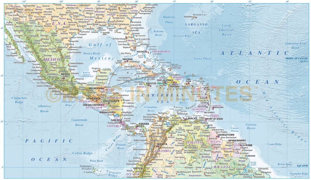 Caribbean Central America Map With Political Colour Relief Illustrator 