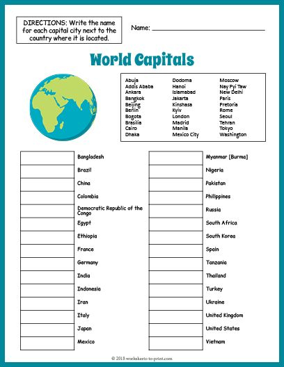 Free World Capitals Worksheet Geography Worksheets Social Studies 