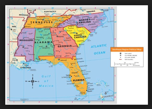 Map Of The Southeast Region Of The United States Write Each State And 