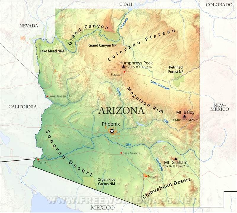 Physical Map Of Arizona