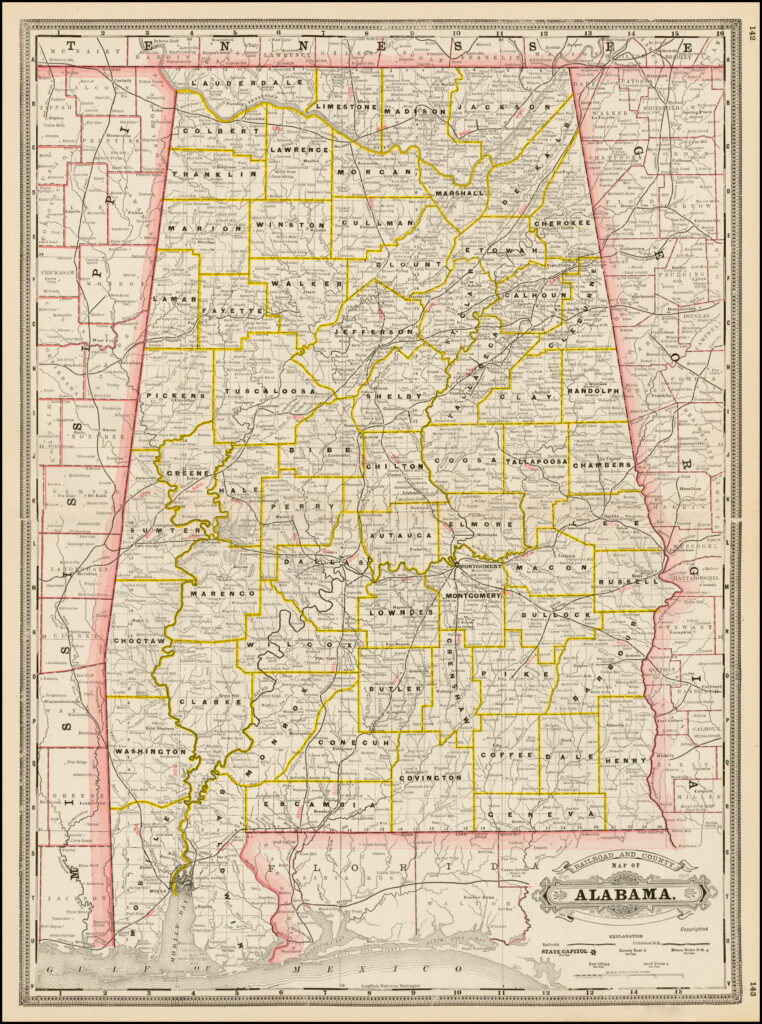 Railroad And County Map Of Alabama Barry Lawrence Ruderman Antique 