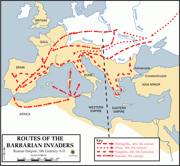 Routes Of The Barbarian Invaders 5th Century