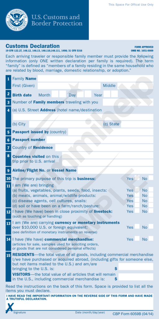 Sample U S Customs Declaration Form 6059B