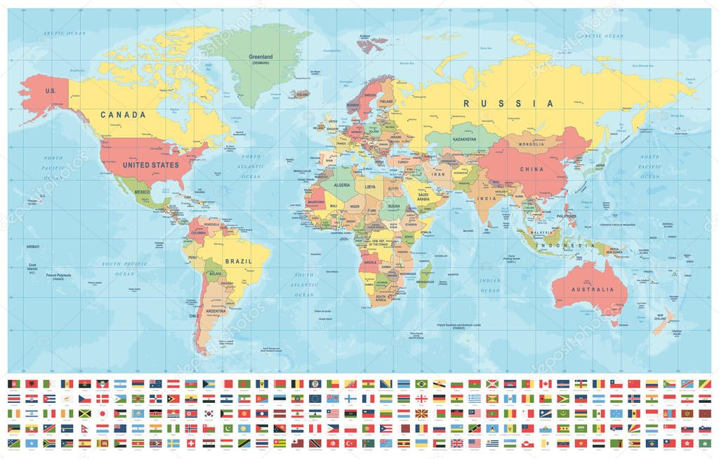 World Map Flags Borders Countries Cities Vintage Vector Illustration 