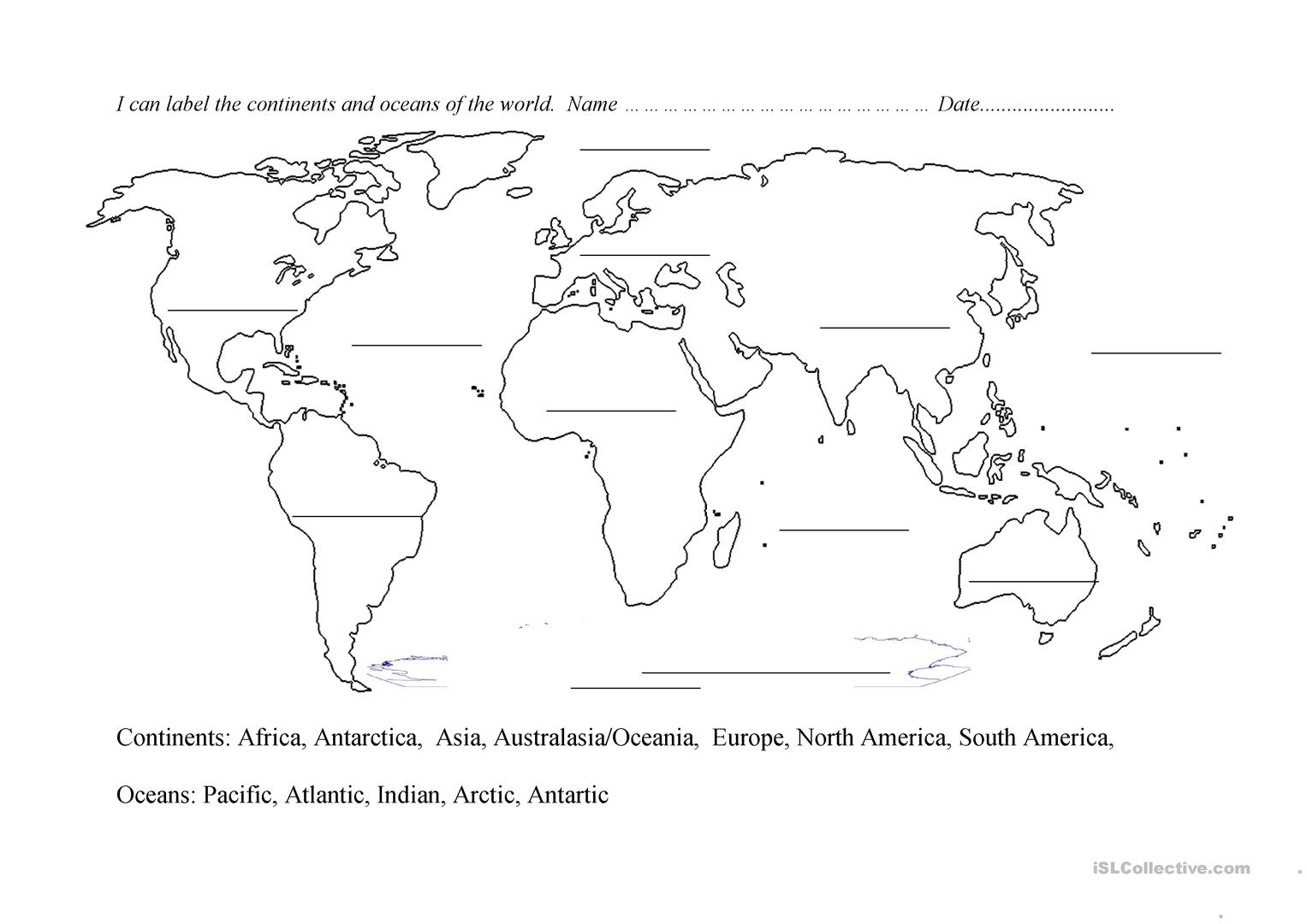 Continents And Oceans Blank Map English ESL Worksheets For Distance