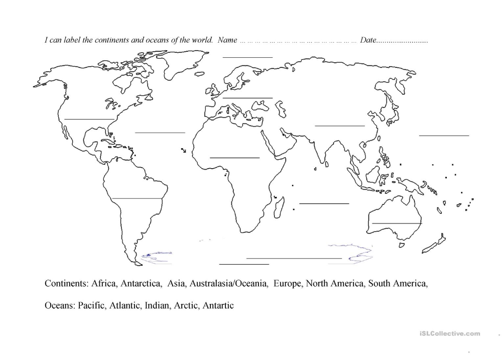 Continents And Oceans Blank Map English ESL Worksheets In 2020